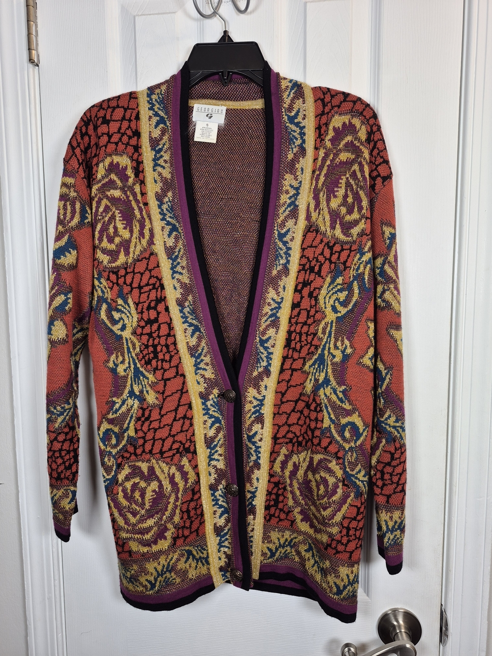 Vintage Georgiou Metallic Wool Blend Cardigan Sweater Baroque Mosaic Small